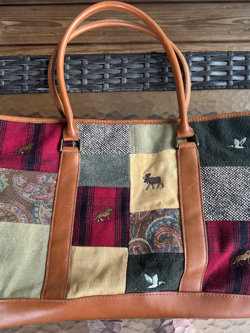 Vintage L L Bean Patchwork Leather-Trim Tote Bag in Multicolor - Picture 1 of 9